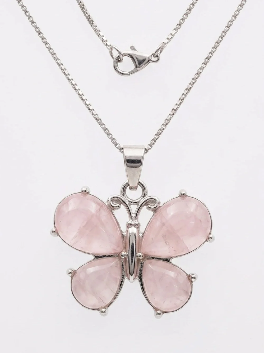 Boho hippie Rose Quartz Crystal Butterfly Sterling Silver 17” Necklace